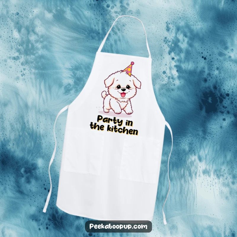 Funny apron featuring a fluffy puppy in a party hat, humorously chasing its tail while ready to cook.