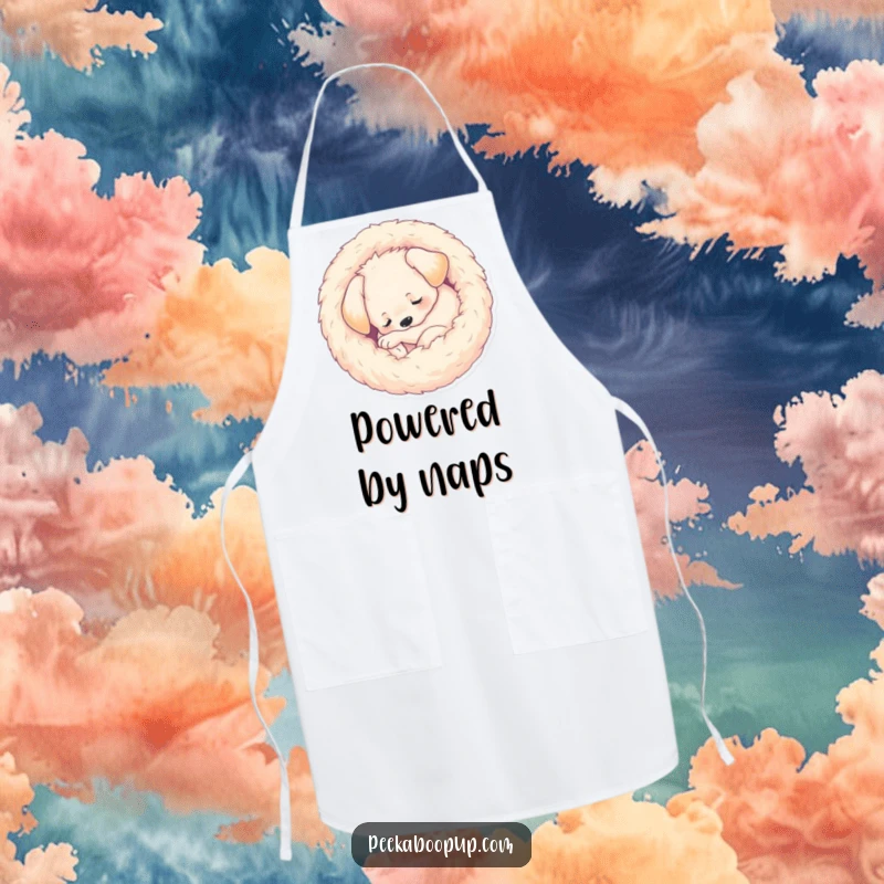 Funny Apron featuring a sleeping puppy curled into a compact, fuzzy ball while cooking, adding humorous charm and practicality to the kitchen.