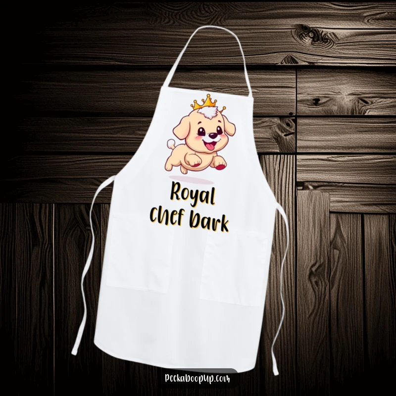 Funny apron with a puppy wearing a crown, hilariously chasing its tail with a very happy expression.