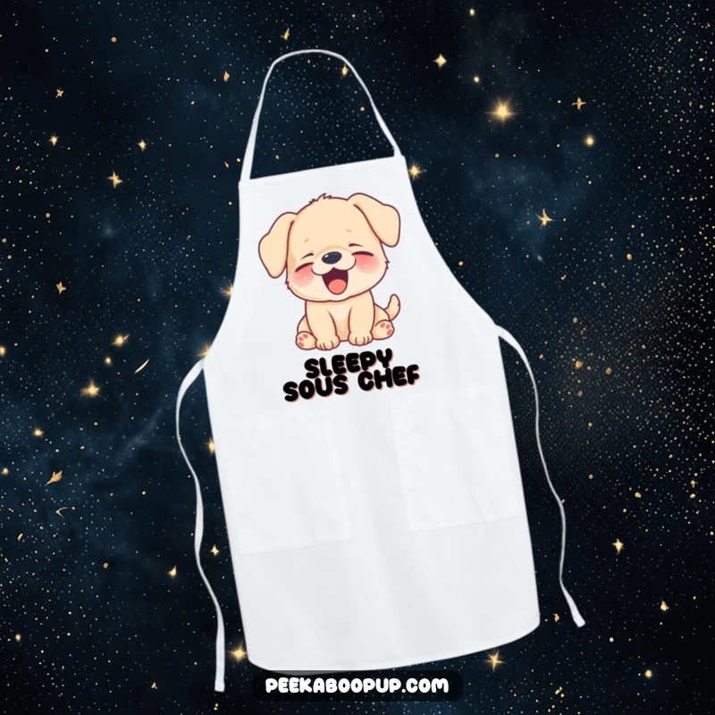 Funny puppy yawning a big, happy, sleepy smile, illustrated on a functional and humorous kitchen apron.