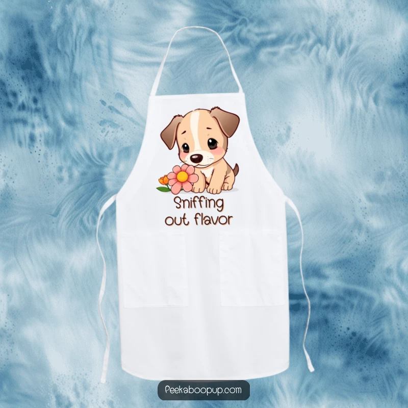 Funny apron featuring a cute puppy curiously sniffing a colorful flower with intrigue.