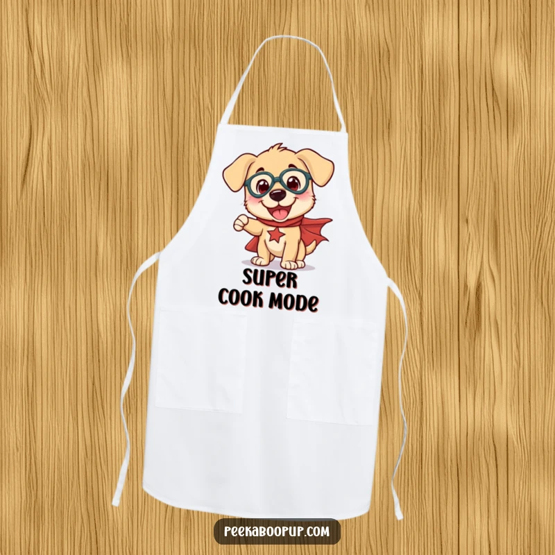 Funny kitchen apron with a puppy hero in a cape striking a funny, action-ready pose, great for chefs.