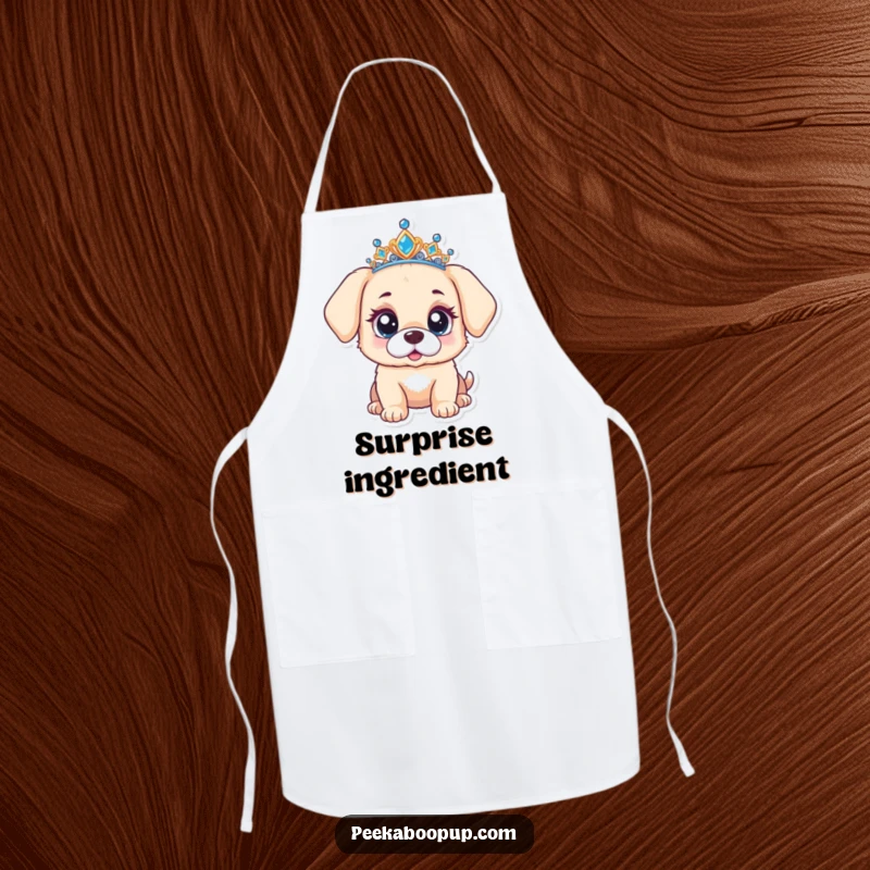 Funny apron with a puppy wearing a tiara, looking surprised with wide, curious eyes, great for kitchen fun.