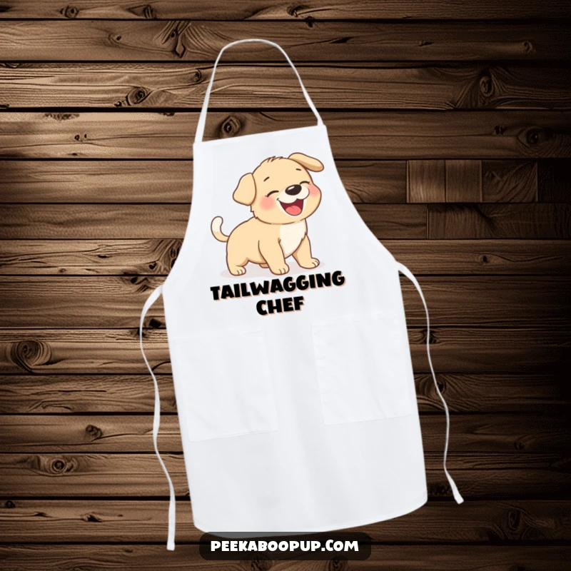 Funny giggling puppy chasing its tail, illustrated on a functional and humorous kitchen apron.