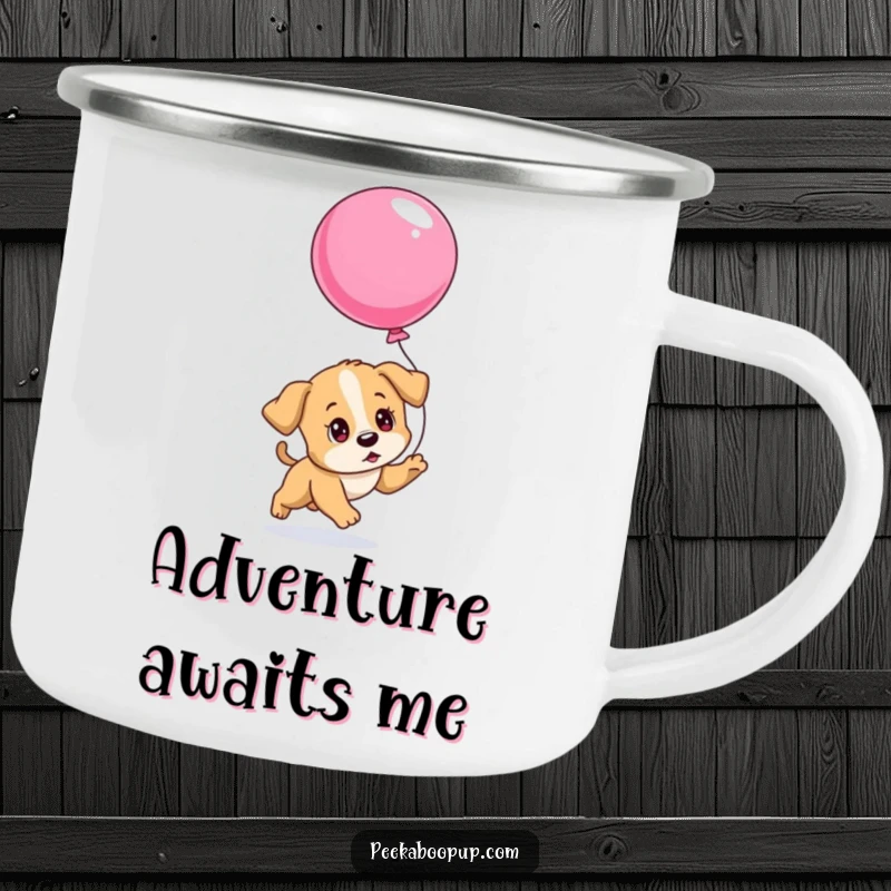 Funny camping mug featuring a determined puppy chasing a deflating balloon, ideal for sipping warm drinks during outdoor escapades.