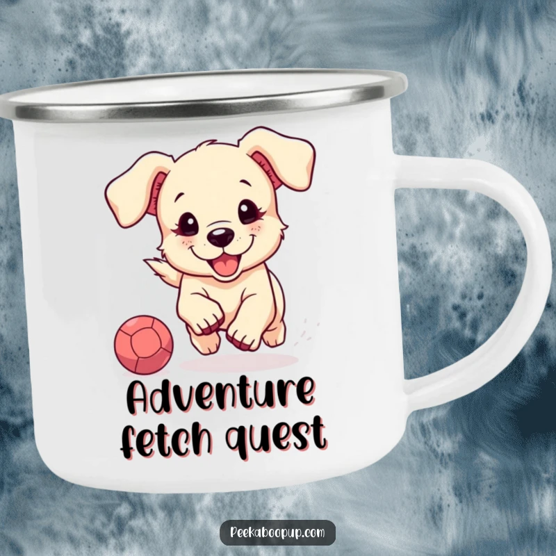 Funny and rugged camping mug featuring a cute puppy with floppy ears joyfully chasing a bouncing ball, perfect for outdoor enthusiasts.