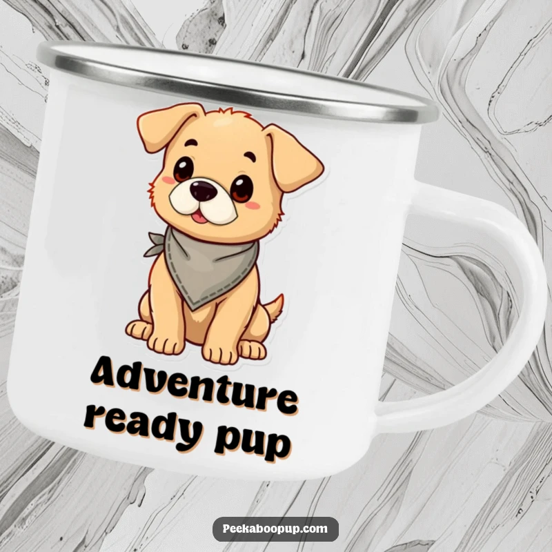 Funny puppy wearing a bandana and striking a proud pose, depicted on a rugged camping mug.