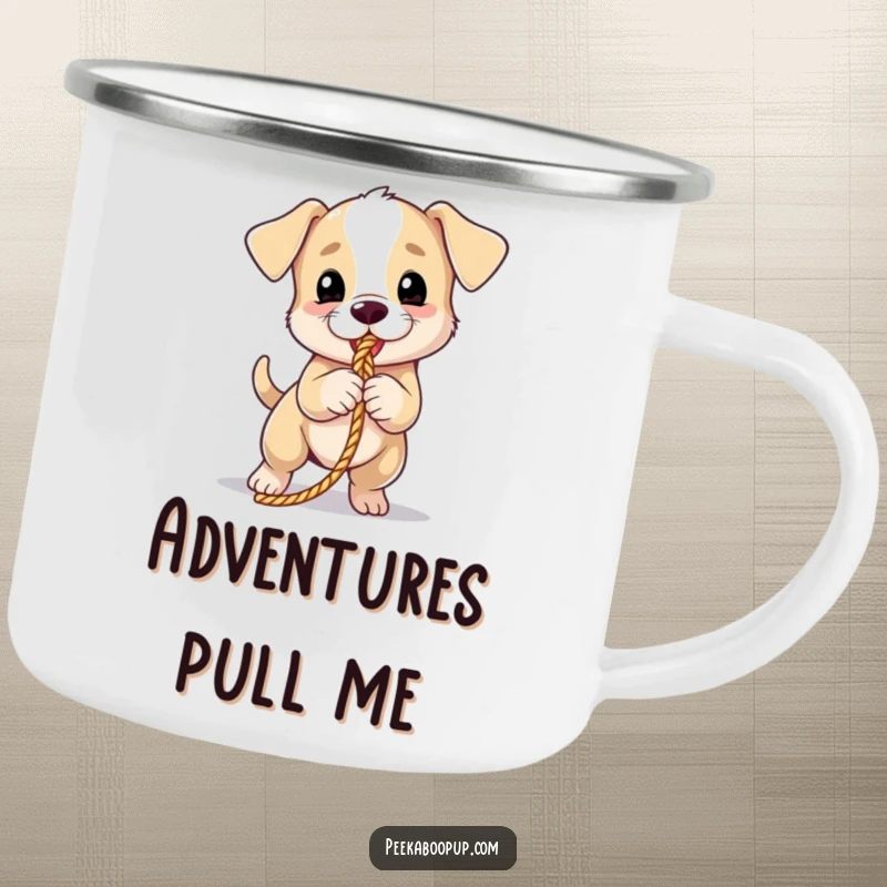 Funny puppy camping mug showing a dog playing tug-of-war, perfect for outdoor enthusiasts and dog lovers.