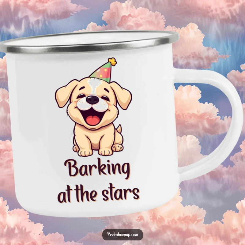 Funny puppy campfire mug, character in party hat barking joyfully, durable drinkware for outdoor fun, humorous gift.