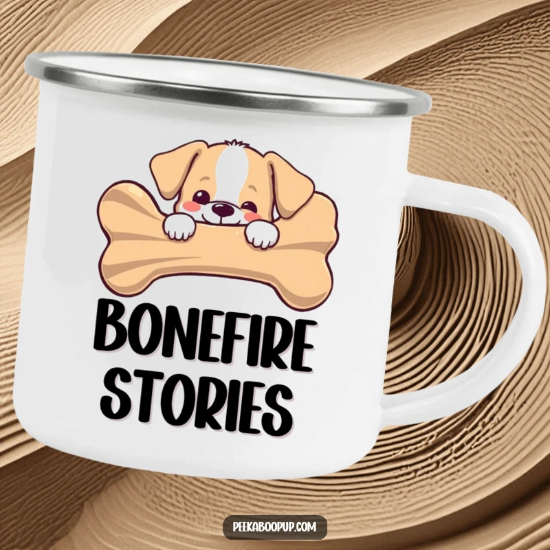 Funny puppy peeking joyfully from behind a giant striped bone on a rugged camping mug, ready for outdoor fun, a perfect funny gift.