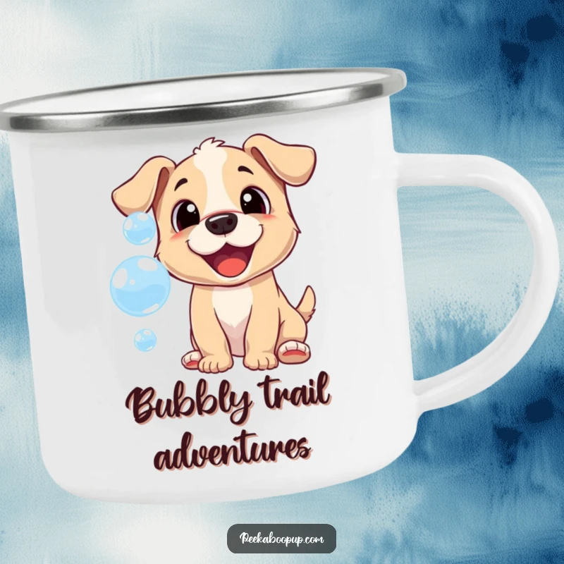 Funny camping mug with a cheerful puppy playfully chasing bubbles, bringing outdoor fun and humor.