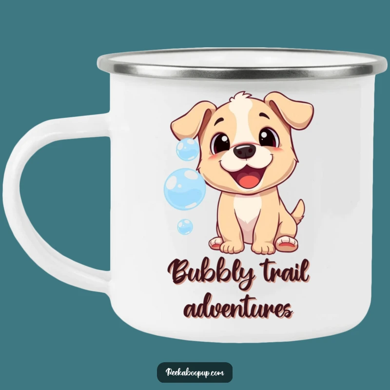 Funny Bubble Puppy Camping Mug: Cheerful Chase, Outdoor Fun!