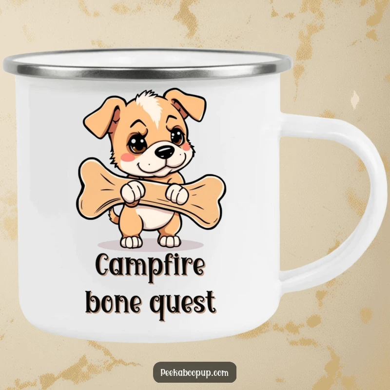 Funny, durable camping mug with a determined puppy struggling to carry a giant bone, symbolizing epic journeys.