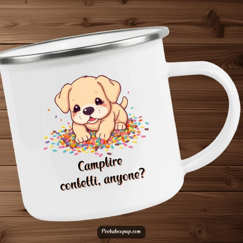 Funny Camping Mug: A happy puppy joyfully playing in a large pile of colorful confetti, ideal for outdoor adventures.