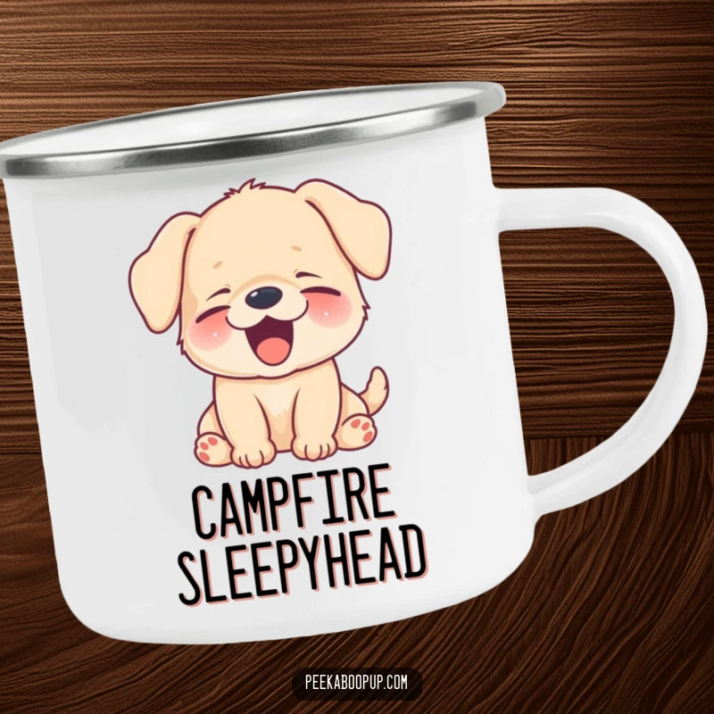 Funny puppy yawning a big, happy, sleepy smile, depicted on a rugged camping mug.