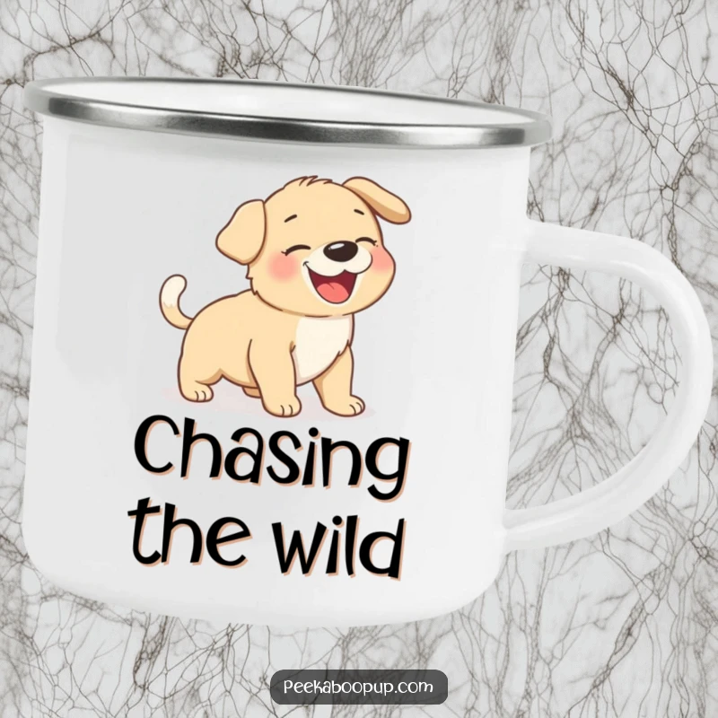 Funny giggling puppy chasing its tail, depicted on a rugged camping mug for outdoor fun.