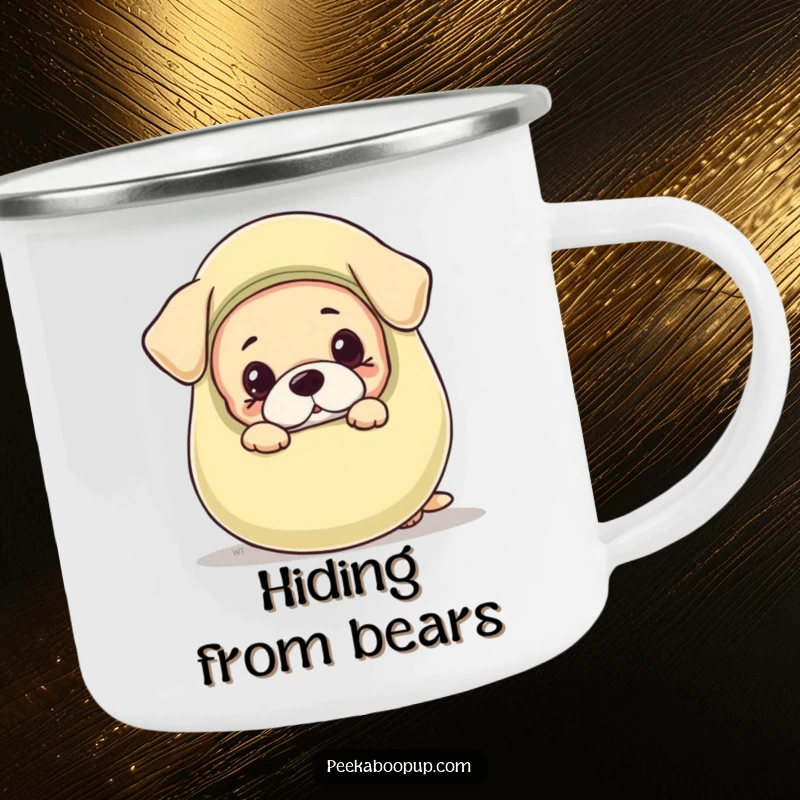 Funny camping mug designed with an adorable puppy peeking out from behind an oversized squeaky toy, ready for fun.