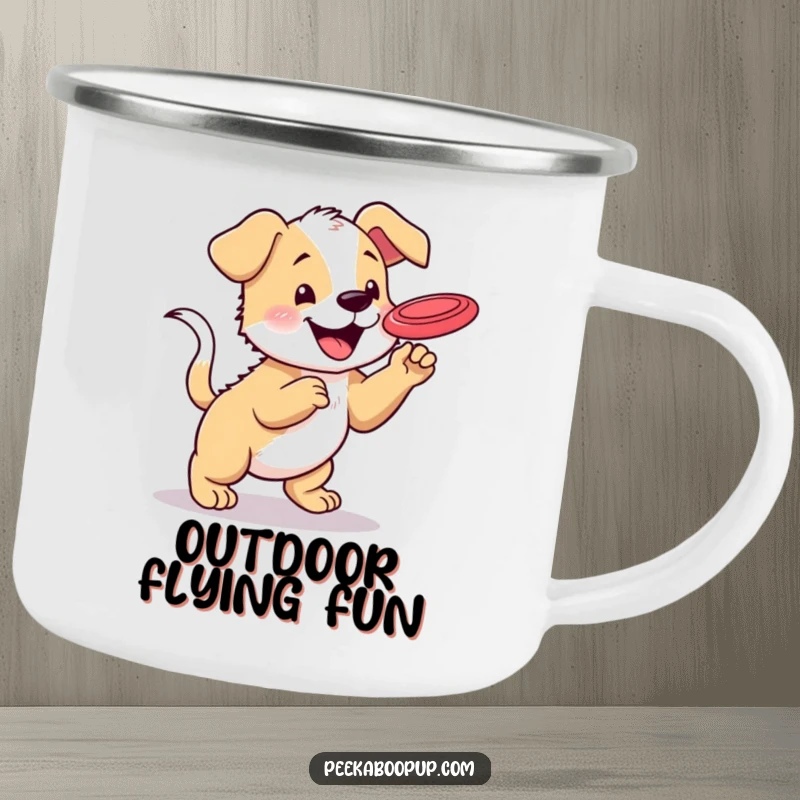 Funny and rugged camping mug featuring a happy puppy with a wagging tail attempting to catch a frisbee, perfect for outdoors.