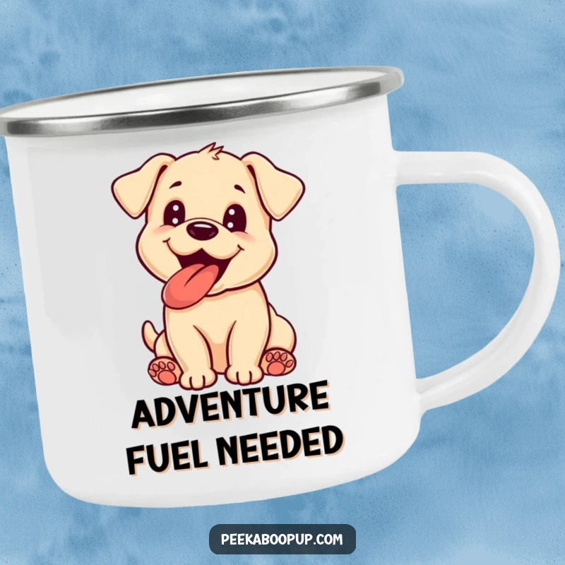 Funny puppy camping mug showing an excited dog panting with its tongue out, built for adventure and smiles.