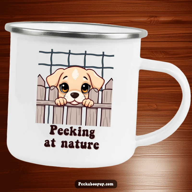Funny and rugged camping mug featuring a curious puppy with big eyes peeking from behind a fence, perfect for outdoors.