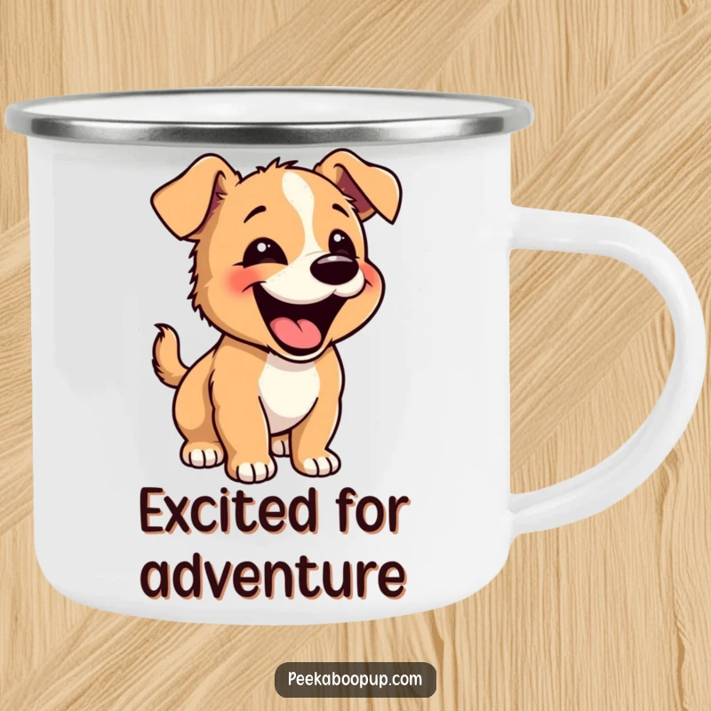 Funny Happy Puppy Camping Mug: A joyful puppy barking with a playful bounce, ready for outdoor fun