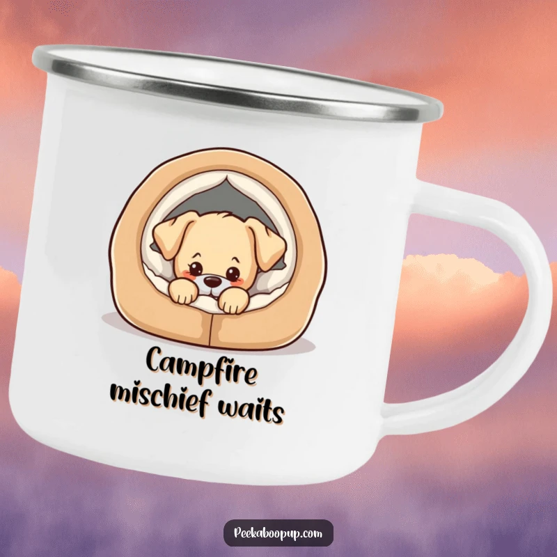 Funny camping mug with a puppy peeking mischievously from a cozy dog bed, ready for outdoor fun.