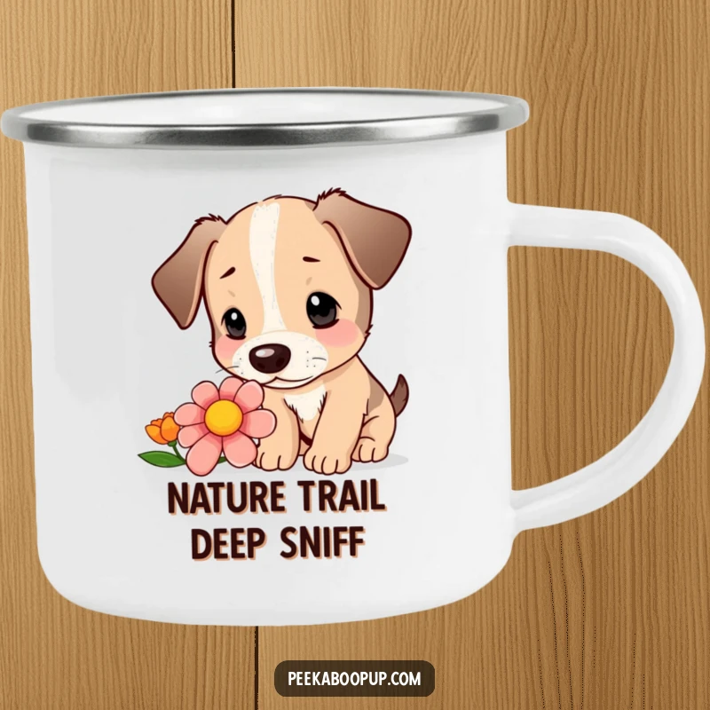 Funny camping mug with a cute puppy curiously sniffing a colorful flower with intrigue outdoors.
