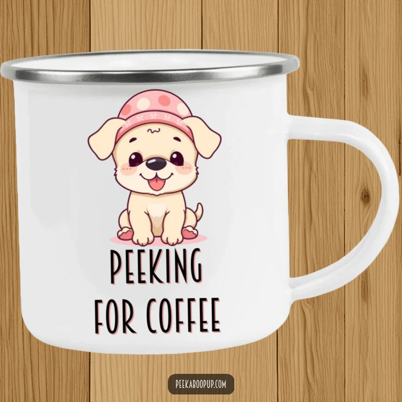 Funny Camping Mug with a giggling puppy in a hat playing peek-a-boo, ideal for outdoor adventures and adding humor to drinks.