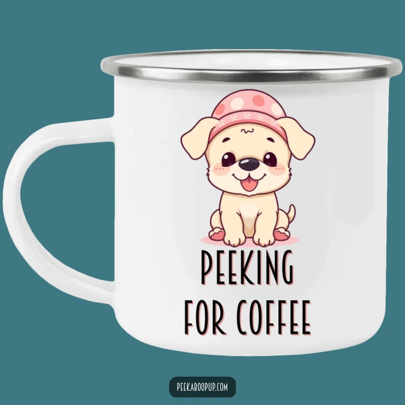 Funny Giggling Puppy Peek-a-Boo Hat Camping Mug: Adventure Fuel with Humor