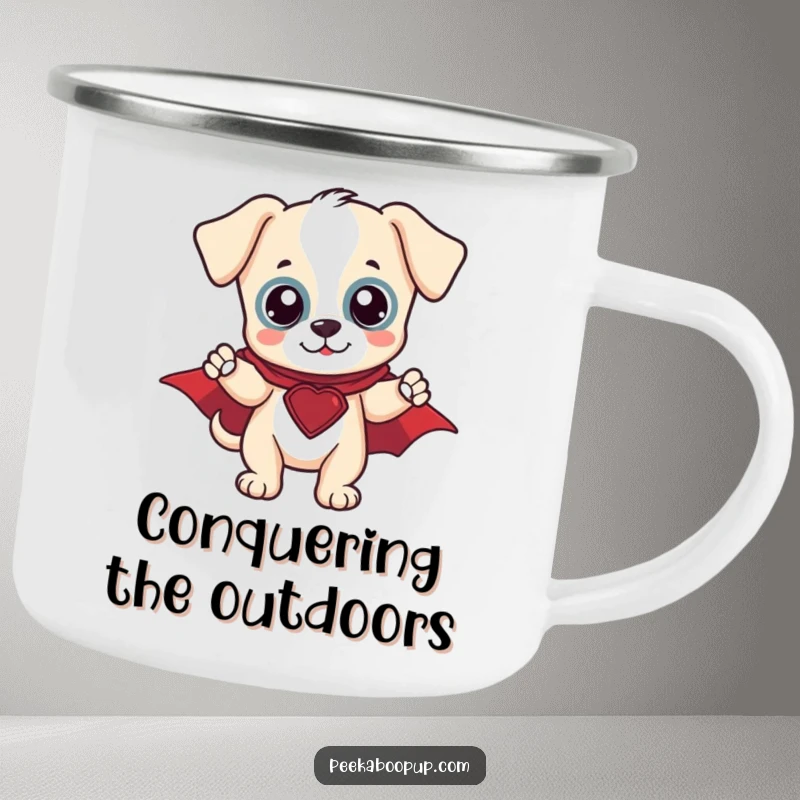 Funny Hero Puppy Camping Mug: A heroic puppy in a cape, ready for outdoor exploration