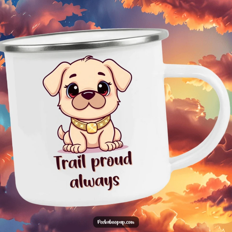 Funny camping mug showing a proud puppy with a sparkling collar posing confidently, perfect for outdoor enthusiasts.