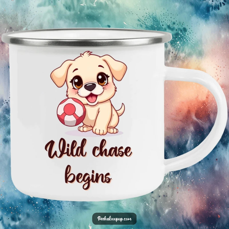 Funny camping mug showing an excited puppy with wide eyes, jumping to catch a bouncing ball, perfect for outdoor enthusiasts.