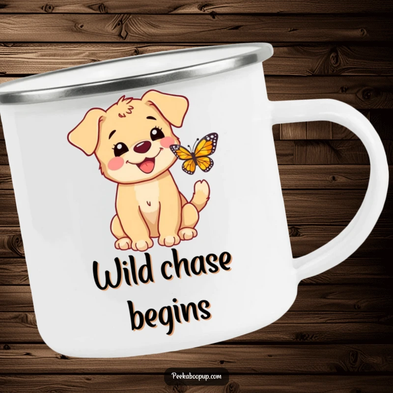 Funny camping mug showing a happy puppy barking at a butterfly, tail wagging, perfect for campers.
