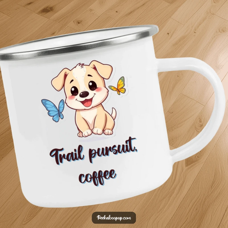 Funny puppy character camping mug, smiling and chasing a butterfly, designed for outdoor adventures and joy.