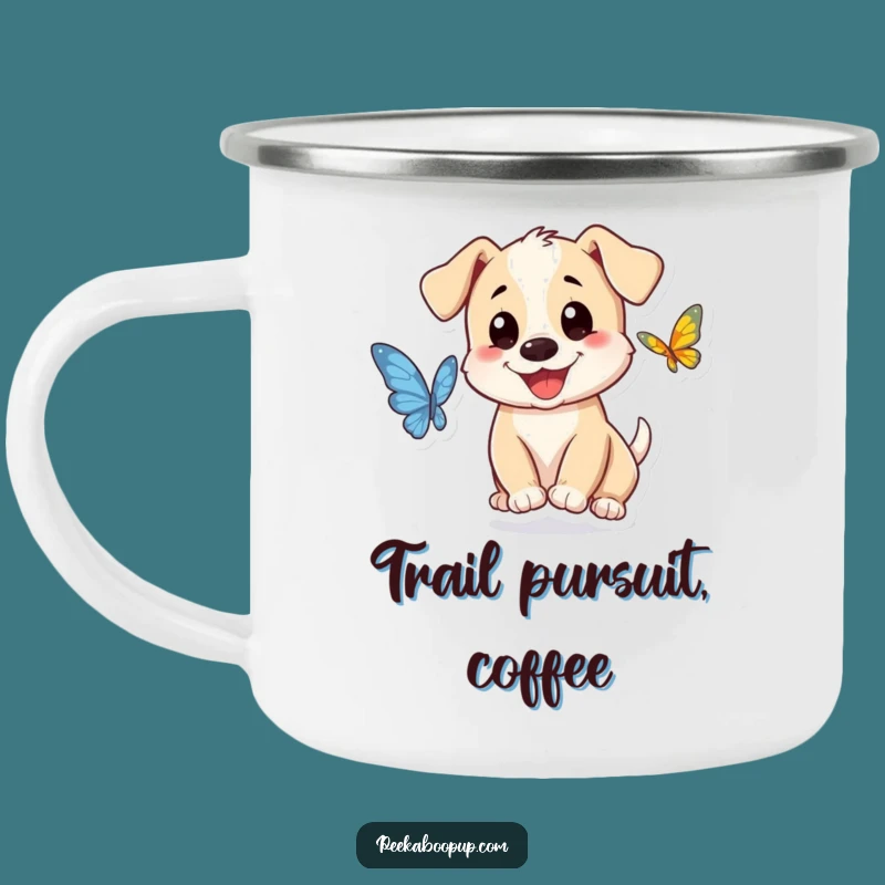 Funny Puppy Butterfly Camping Mug: Joyful Sips Outdoors