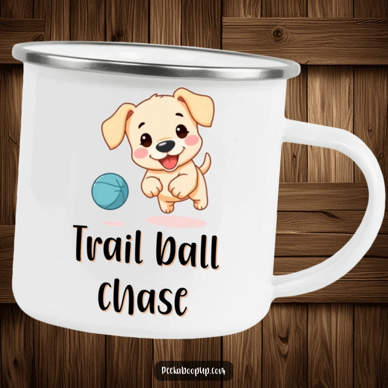 Funny camping mug with a cute, floppy-eared puppy joyfully chasing a bouncing ball in an outdoor setting.