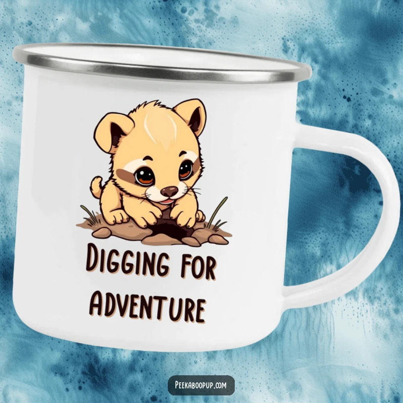Funny puppy campfire mug, determined character digging a tiny hole, durable drinkware for outdoor fun, humorous gift.