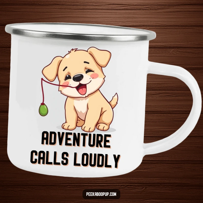 Funny Puppy Camping Mug: A playful puppy batting at a string, designed for outdoor fun