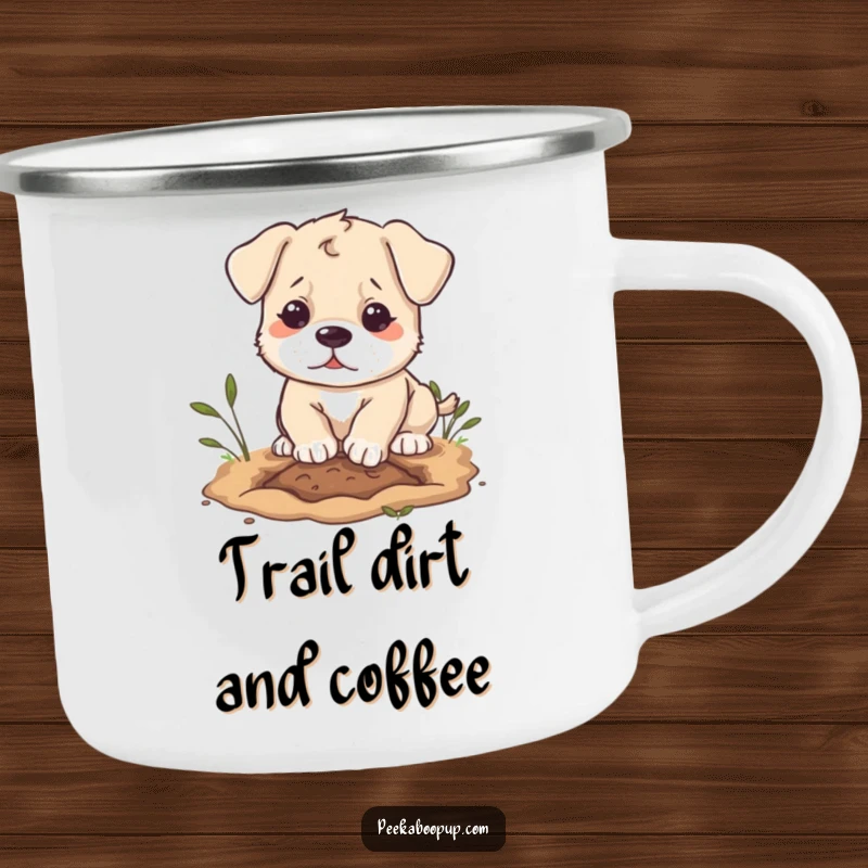 Funny puppy character camping mug, digging with determination, designed for outdoor adventures and canine humor.