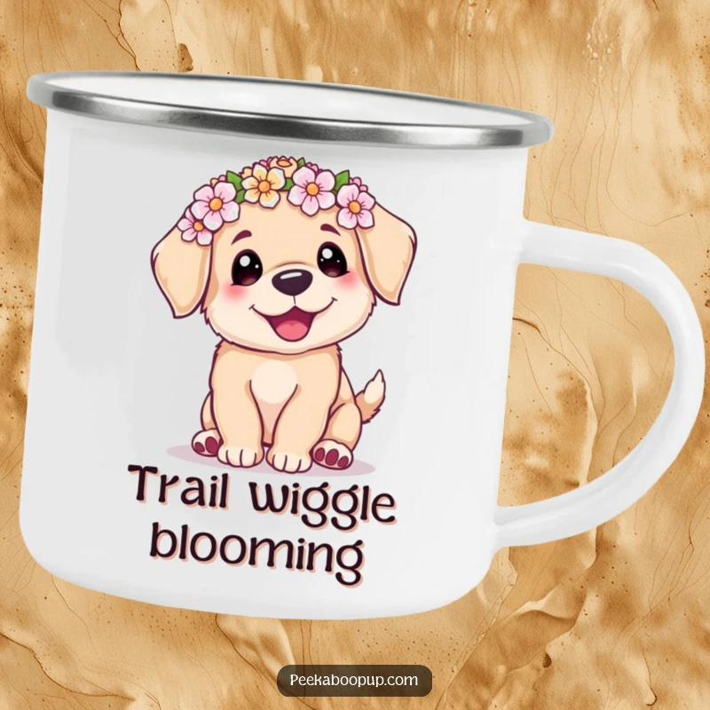 Funny, durable camping mug with a cute puppy in a flower crown, doing a joyful wiggle, perfect for outdoor adventures.