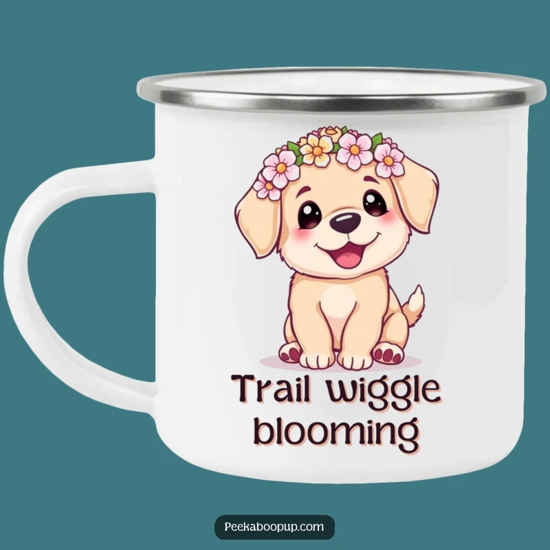 Funny Puppy Flower Crown Camping Mug: Adventure Wiggle, Perfect Gift