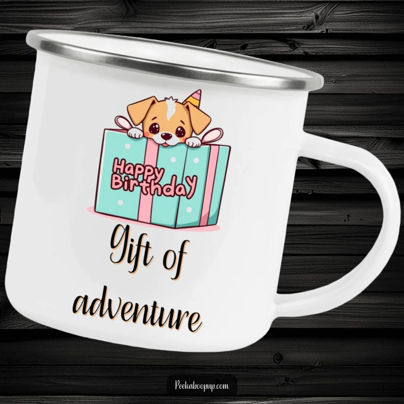 Funny camping mug with a puppy playfully peeking from a birthday gift box, adding surprise humor.