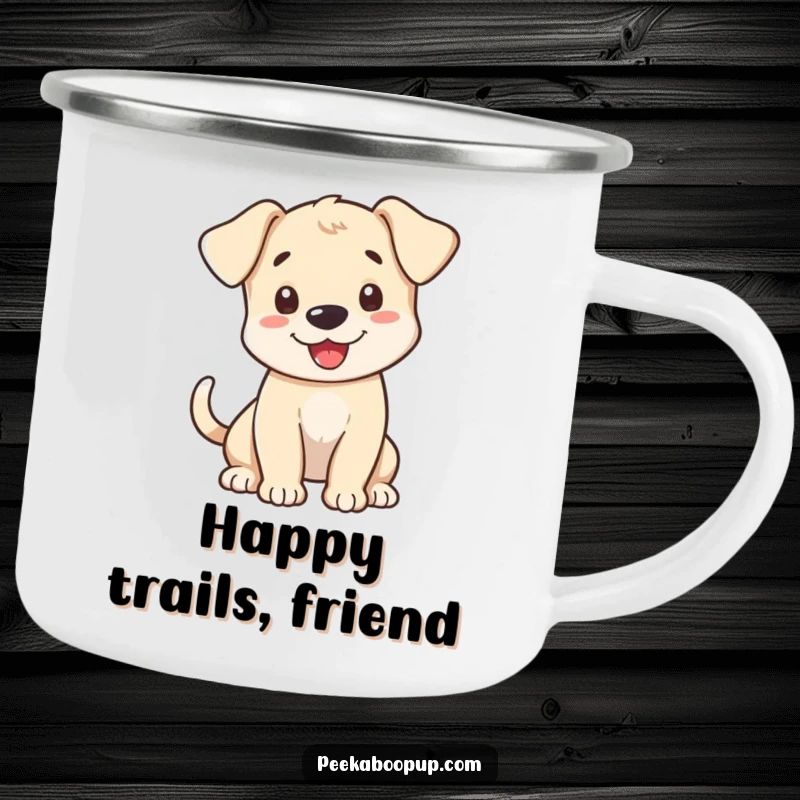 Funny Camping Mug with an excited puppy whose tail is wagging, offering a friendly greeting for outdoor enjoyment.