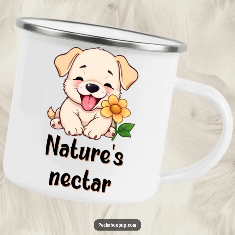 Funny camping mug depicting a happy puppy joyfully licking a flower, perfect for outdoor enjoyment and spreading cheerful vibes.