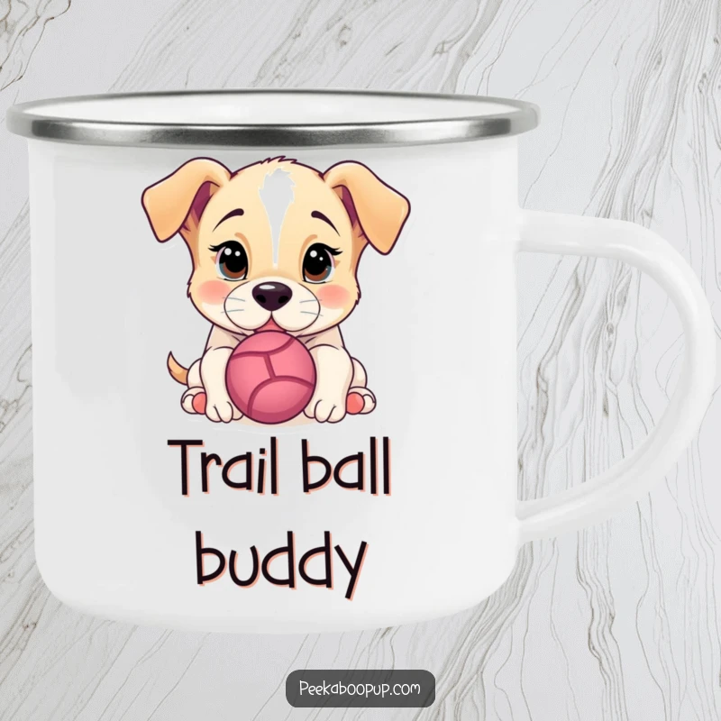 Funny Camping Mug featuring a playful puppy focused on a ball, ready for outdoor adventures and hot drinks.
