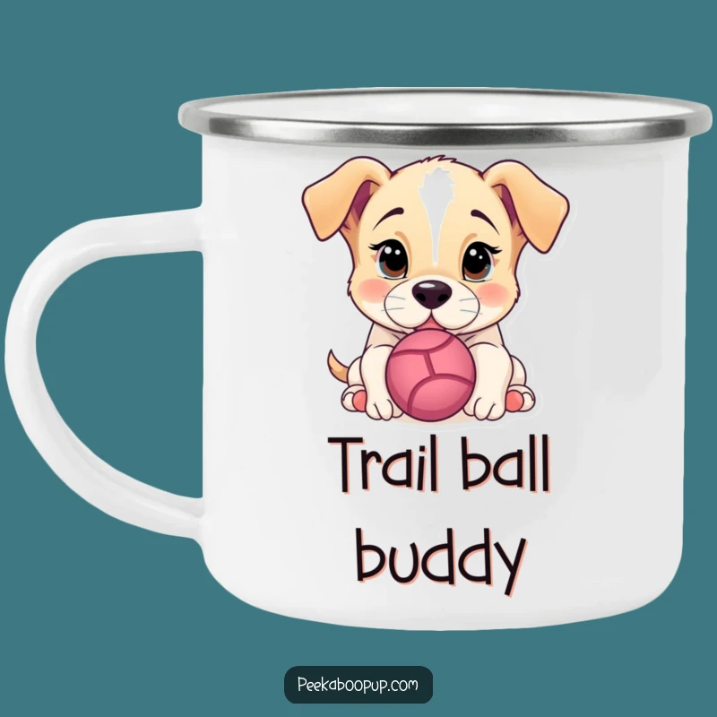 Funny Puppy Nudging Ball Camping Mug: Rugged & Hilarious Outdoor Dog Gift