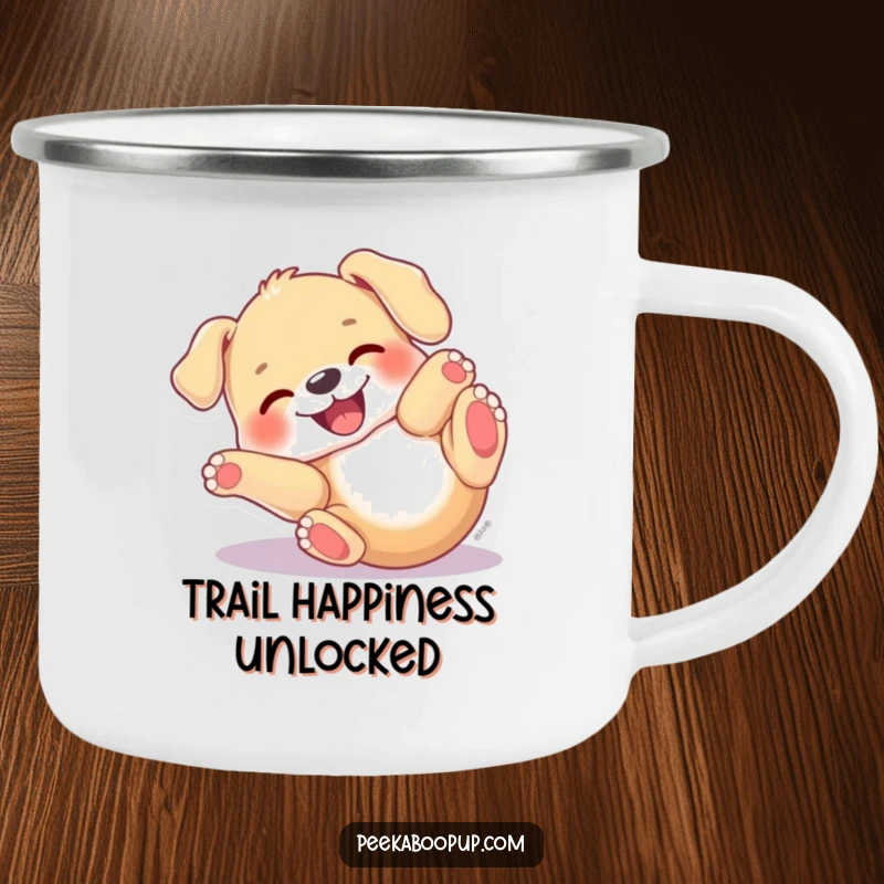 Funny Puppy Roll Camping Mug featuring a dog with a joyful expression, rolling on its back in happy delight, for outdoor use.