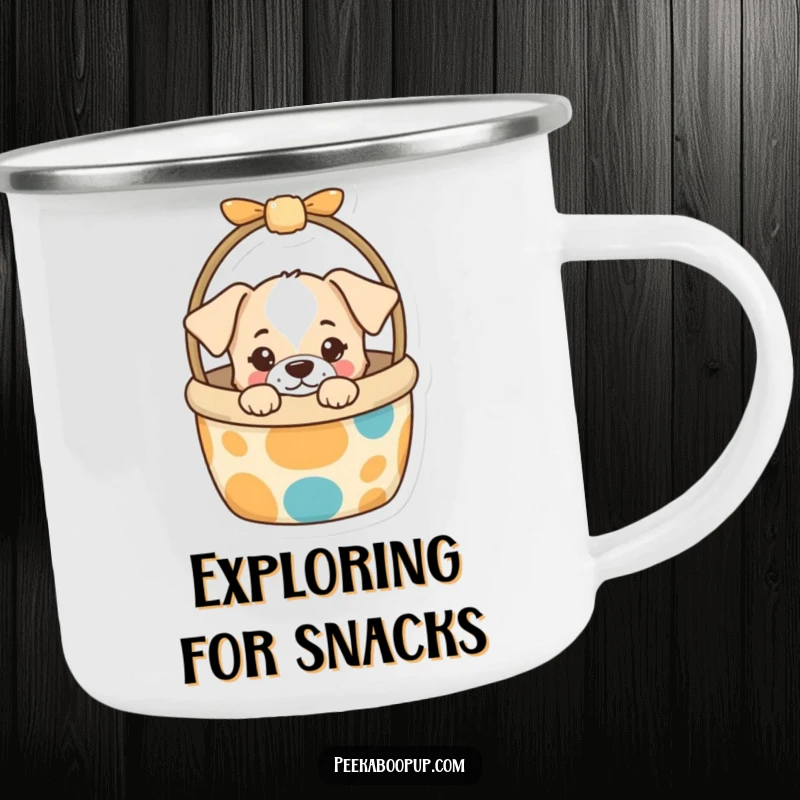 Funny Camping Mug with a curious puppy peeking from a colorful dog toy basket, perfect for sipping beverages during outdoor trips humorously.