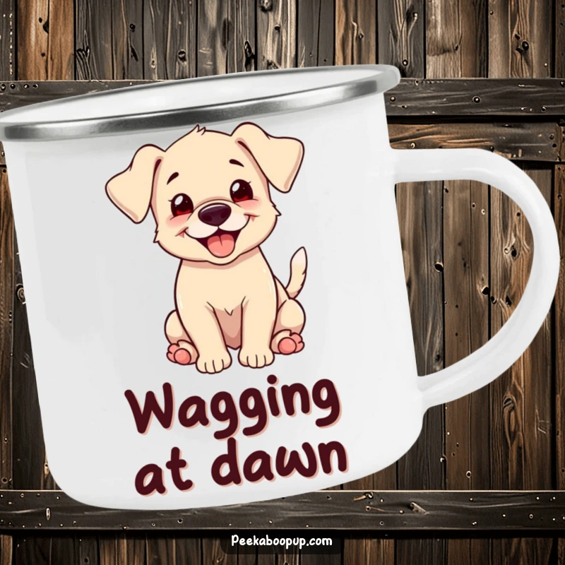 Funny puppy with floppy ears and a happy grin, tail wagging furiously, printed on a durable camping mug for outdoor enjoyment.