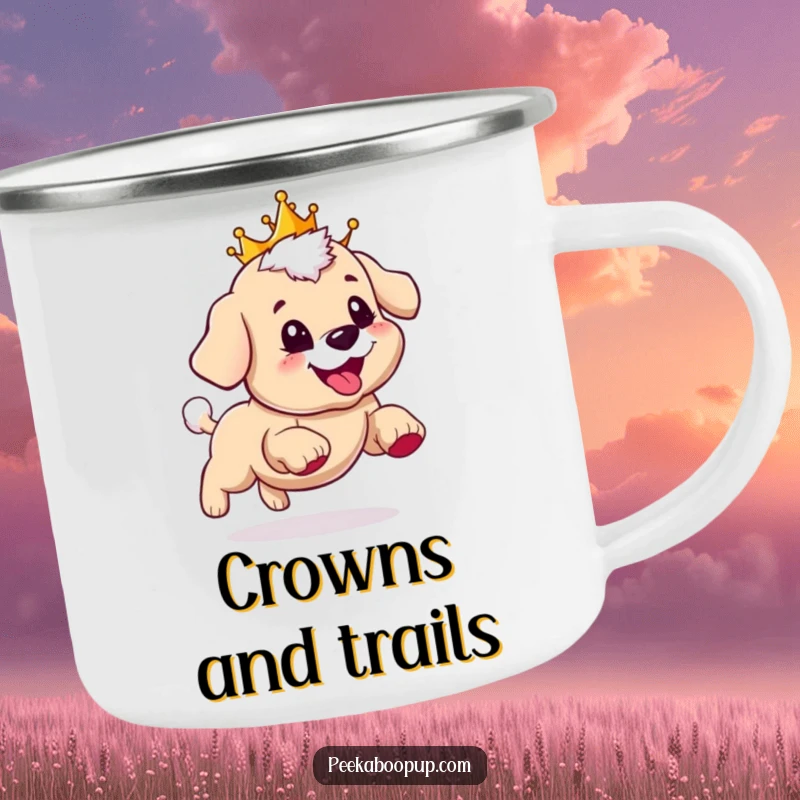Funny camping mug with a puppy wearing a crown, happily chasing its tail, perfect for outdoor enjoyment.